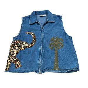 Denim Safari Vest Vintage Elephant Leopard Beaded Zip Up Large -